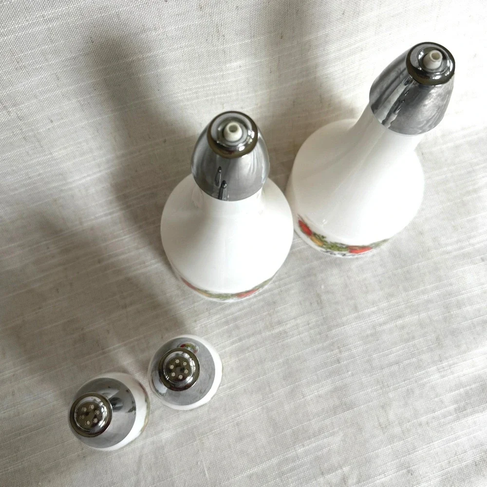 Vintage Milk Glass Oil Vinegar Salt Pepper Set French Vegetable Garden 4 Piece